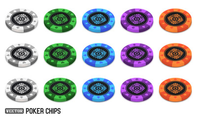 Poker chips in different position. White, green, blue, purple and orange chips isolated on white background. Vector illustration.