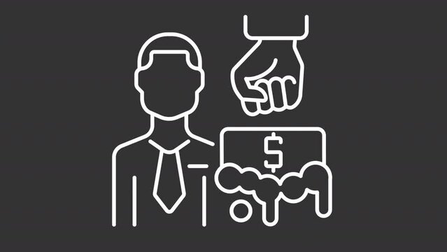 Animated aml auditor white line icon. Fist hits soap bar with dollar animation. Anti money laundering. Loop HD video with chroma key, alpha channel, transparent background. Motion graphic animation