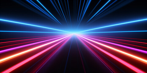 Fototapeta premium Neon lights lines illuminate a dark background.