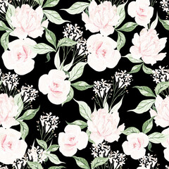 Watercolor seamless pattern with roses and wildflowers.
