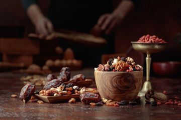 Various dried fruits and nuts on a kitchen table.