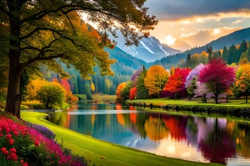 autumn landscape with lake and trees Generated Ai