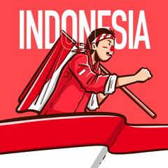 Man with Indonesian flag cartoon vector illustration for dirgahayu kemerdekaan indonesia