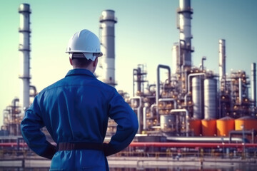 An engineer in a protective suit stands with his back turned, diligently checking a list at a petrochemical refinery complex. Generative AI.