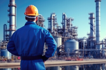 An engineer in a protective suit stands with his back turned, diligently checking a list at a petrochemical refinery complex. Generative AI.