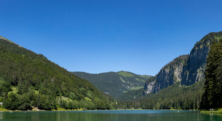 Lac Montriond seen from above. Aerial of French Alps mountain range melt water lake in summer.