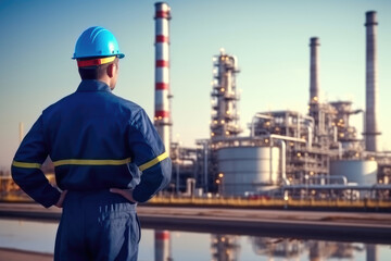 An engineer in a protective suit stands with his back turned, diligently checking a list at a petrochemical refinery complex. Generative AI.