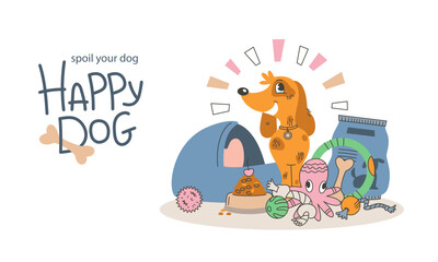 National Spoil Your Dog Day. Happy dog with different dog supplies and equipment. Pet shop concept. Freehand vector illustration