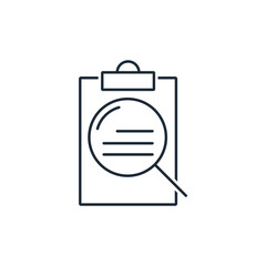 Clipboard with magnifying glass. Examine the document, search for information .  Vector linear icon isolated on white background.