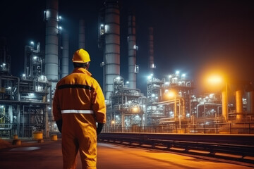 Engineer in a protective suit stands with his back turned, diligently checking a list at a petrochemical refinery complex. Generative AI.