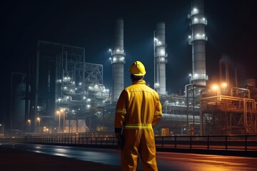 Engineer in a protective suit stands with his back turned, diligently checking a list at a petrochemical refinery complex. Generative AI.
