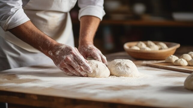 Photo of a person kneading dough on a wooden table.generative ai