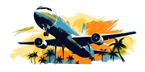 Illustration of planes and palm trees. travel or tourism on tropical islands. vector style. AI