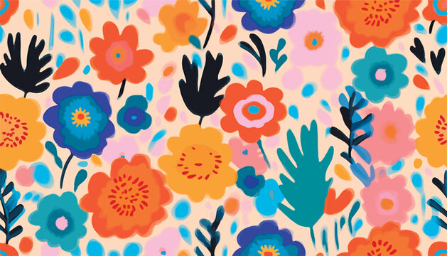 Cute colorful hand drawn artistic flowers print. Modern cartoon style pattern. Fashionable template for design.