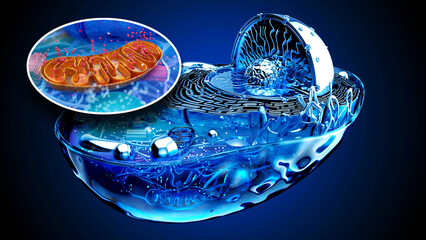Abstract 3D illustration of the biological cell and the mitochondria - obrazy, fototapety, plakaty