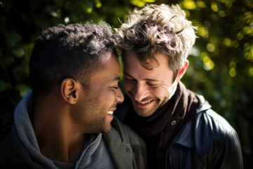 Fototapeta premium Two men in love cuddling in the park, gay, generative ai