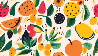Fototapete Boho-Stil Abstract cute fruits and flowers pattern. Collage playful contemporary print. Fashionable template for design