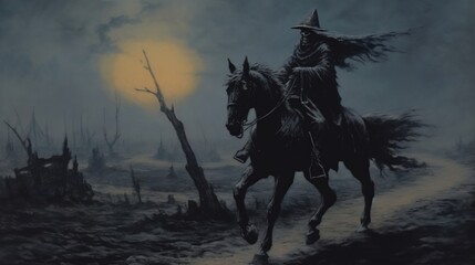 Naklejka premium Horseman with a black hat riding through a wasteland with ghostly moon. Created with Generative Ai technology.