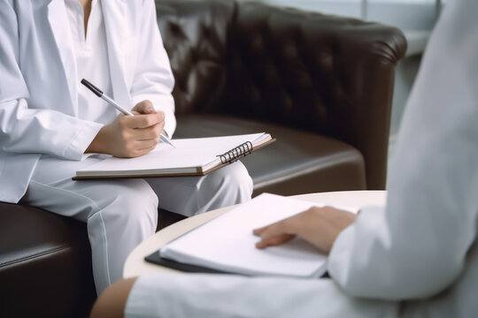 Doctor notes patient information during consultation. Generative AI.
