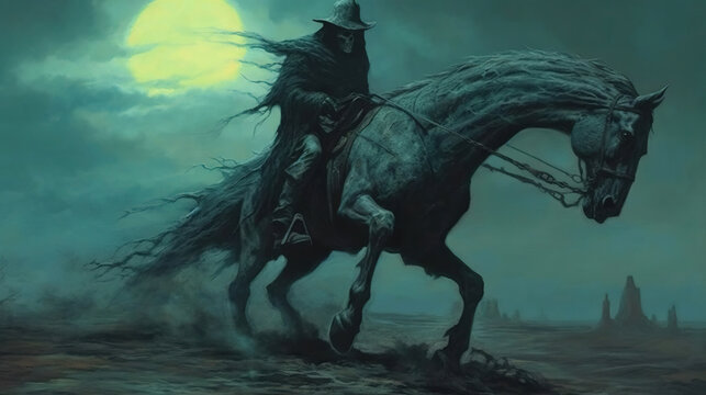 Horseman with a black hat riding through a wasteland with ghostly moon. Created with Generative Ai technology.