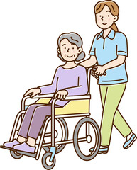 シニア女性が乗る車を押して歩く若い女性介護士
