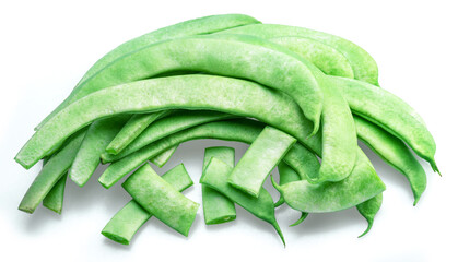 Fresh french green beans isolated on white background.