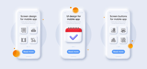 Buildings, Marketplace and House dimension line icons pack. 3d phone mockups with calendar. Glass smartphone screen. Open door, Arena stadium, Flood insurance web icon. Vector