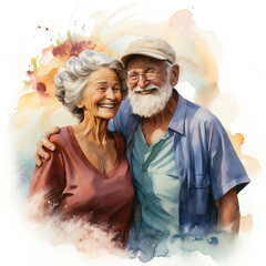 Watercolor illustration of elderly happy man and woman embracing. Portrait of two old people, grandfather and grandmother. Generative ai.