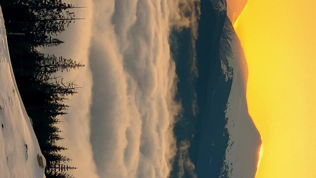 Multi-colored dawn in the mountains with clouds and trees. Hike to the top of Hoverla. We welcome morning