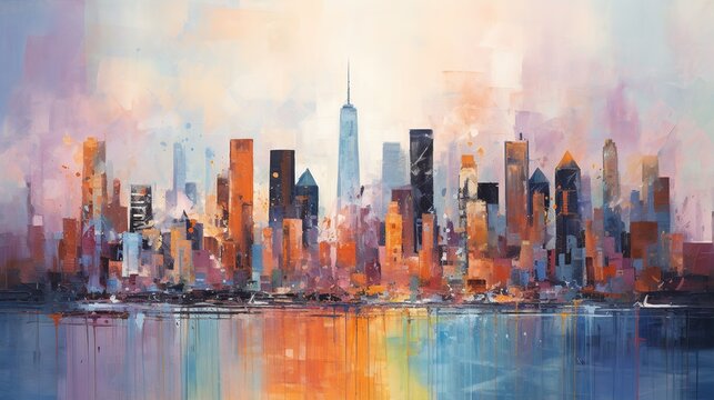 Generative AI, Abstract oil painting of a city with bold strokes in purple and orange colors, background with a skyscrapers