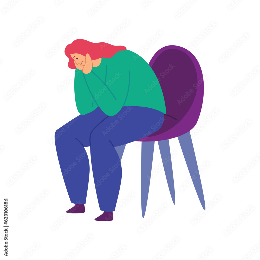 Wall mural Cartoon Color Character Woman Crying Sitting on a Chair Stress or Depression Concept Flat Design Style. Vector illustration