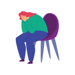 Cartoon Color Character Woman Crying Sitting on a Chair Stress or Depression Concept Flat Design Style. Vector illustration