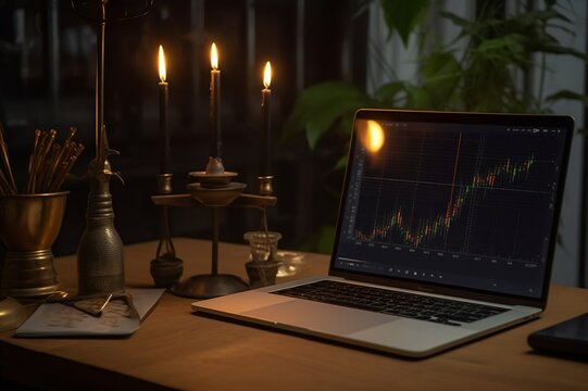 candlestick for stock market with laptop and chart candlestick on screen on top of table, generative AI