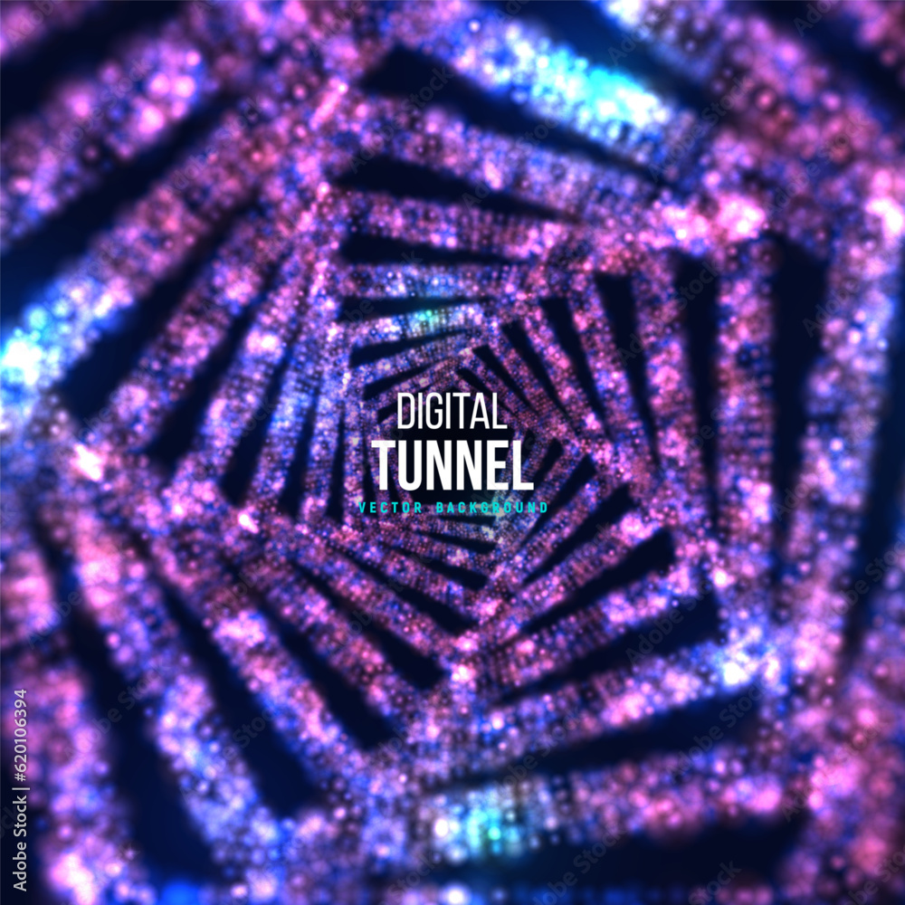 Poster portal with light effects. neon particles tunnel. abstract technology background. vector illustratio