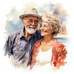 Watercolor illustration of elderly happy man and woman walking on the seashore. An old couple of people on the seashore. Generative ai.