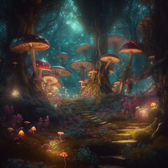 Fototapeta na wymiar A whimsical fantasy scene in a magical forest, with vibrant colors, mystical creatures, and enchanting lighting. Create a surreal atmosphere through creative lighting techniques and imaginative