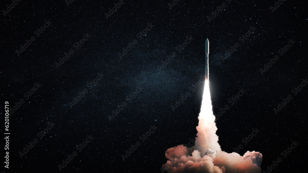 Poster space modern technology rocket with smoke and blast takes off to the night starry sky. travel and sp