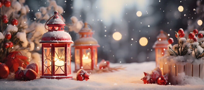 Lantern in snowy winter landscape. Magical Christmas vibes. AI Generative