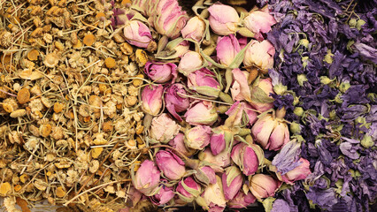 Dry flower tea rose bud butterfly pea chamomile flower on white background