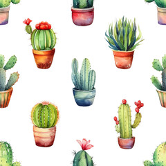 seamless pattern watercolor cacti and succulents in pots on a white background. generated ai