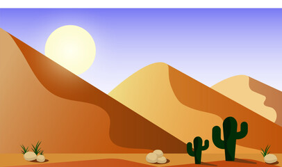 Desert landscape with sun, cacti and stones. Flat style vector illustration.  


