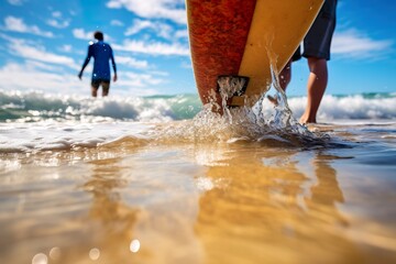 Dynamic Duo of Surfers Embodying Camaraderie on Sun-Kissed Beach. Generative ai. 