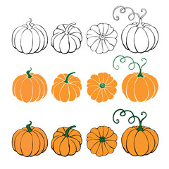Set of Pumpkin icon in sketch style isolated on white background. Outline doodle. Symbol autumn, crop, fruitful year. Hand drawn vector EPS10 illustration.