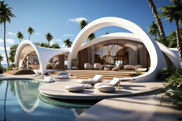 Obraz na płótnie Canvas Modern villa on a tropical sandy beach among palm trees. A minimalist house with a rounded shape.