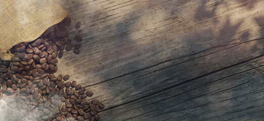 Smoky roasted coffee Hot coffee beans in bags and sacks on old wooden background view from above Raw Arabica Robusta coffee beans 3D illustration