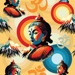 Buddha Lord Portrait in the Sun Retro Pop Art Style Vector Seamless Repeat Pattern 