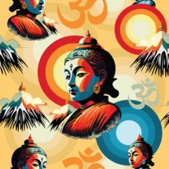 Foto auf Acrylglas Zeichnung Buddha Lord Portrait in the Sun Retro Pop Art Style Vector Seamless Repeat Pattern 