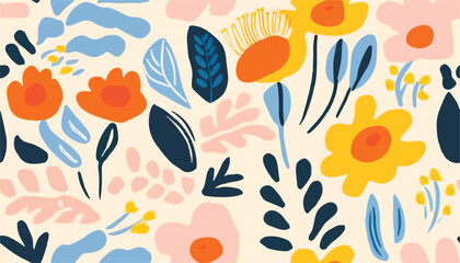 Hand drawn naive abstract floral print. Cute collage pattern. Fashionable template for design.