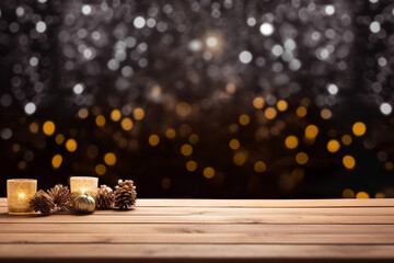 beautiful winter christmas background with empty wooden table for product display, blurred background with xmas lights, copy space, generative ai
