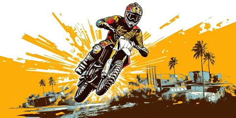 motorcycle racer makes the jump. supercross ENDURO motocross high speed. sports concept. digital art. comic book style  AI